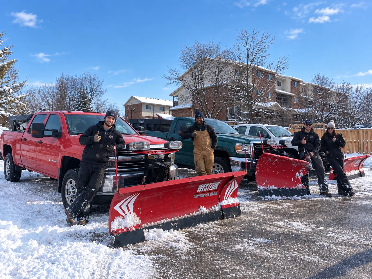 Los Chicos Exteriors snow removal team with four crew members and plow trucks